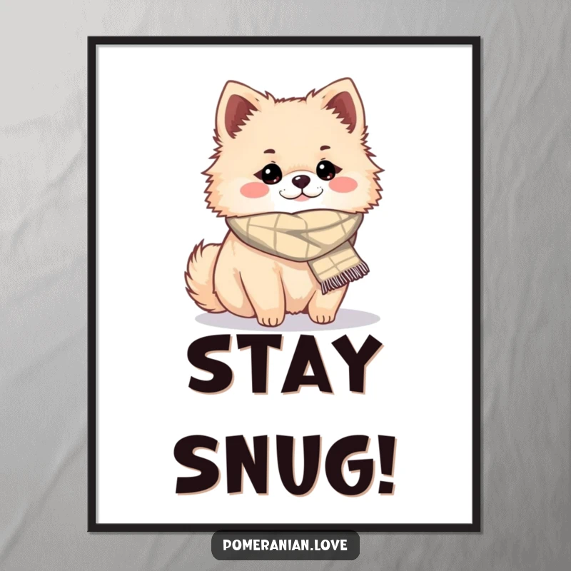 Funny cozy Pomeranian poster, a cute dog illustration wearing a scarf, ideal funny wall decor.