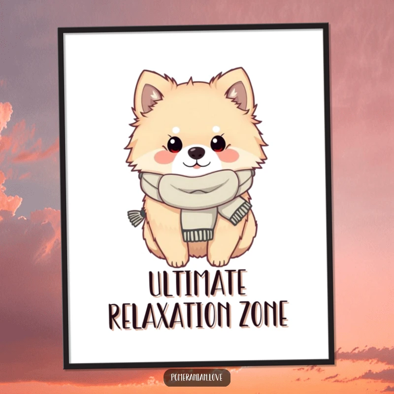 Funny Pomeranian dog wearing a scarf, looking cozy and content, featured as charming wall art on this poster.