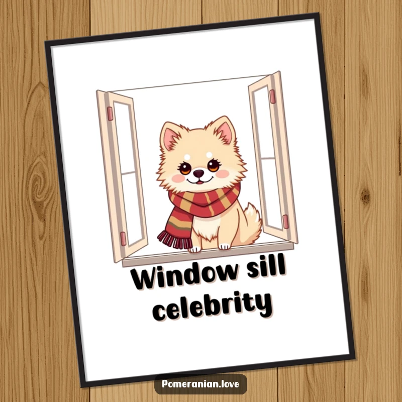 Funny Pomeranian poster of a dog with a festive scarf peeking from a window, evoking holiday warmth and charm.