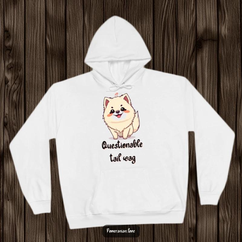 Funny Pomeranian question tail hoodie, a smiling dog with tail like a query, designed for cozy contemplation and humor.