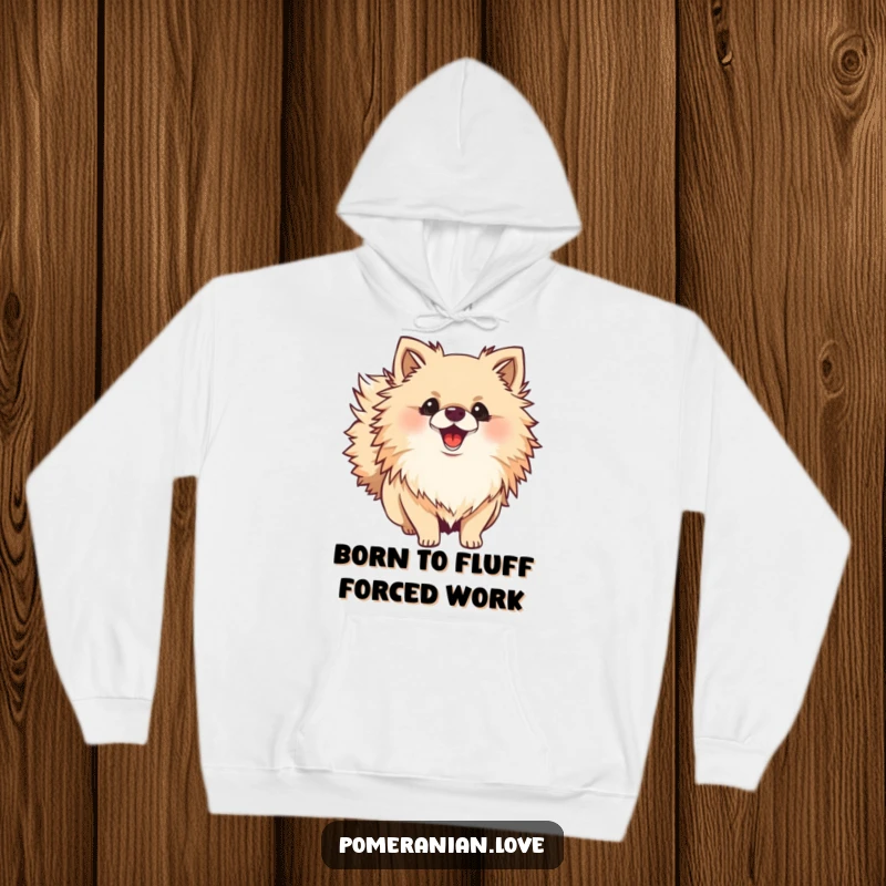 Funny Pomeranian hoodie showcasing a fluffy dog with its bushy tail wagging happily, designed for ultimate comfort and amusement.