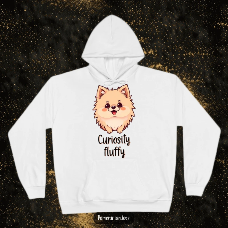 Funny Pomeranian hoodie featuring a delighted dog with perked ears, intently observing something, radiating curiosity and cozy warmth.