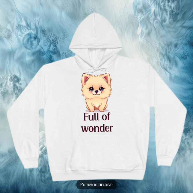 Funny hoodie with a Pomeranian dog looking up with bright eyes, offering cozy, heartwarming humor.