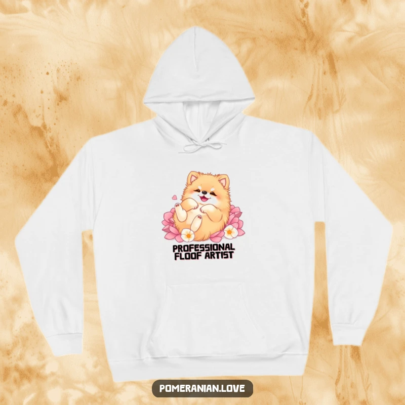Funny Pomeranian hoodie, showing a dog lost in ecstasy, rolling on its back amidst a soft, fluffy carpet of colorful flower petals.