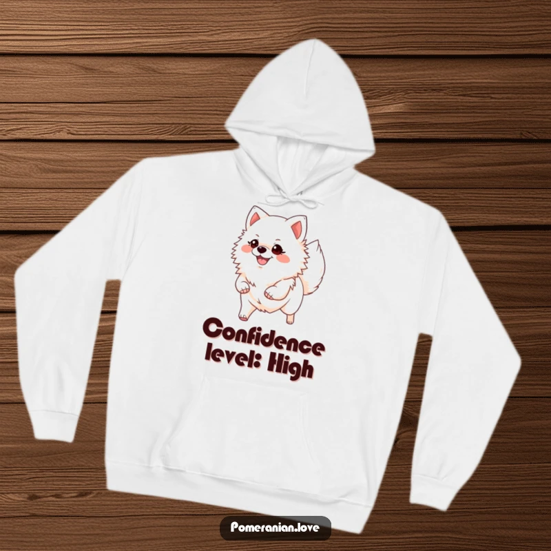 Funny Pomeranian hoodie, illustrating a smiling dog confidently strutting with its tail held high, radiating positivity and self-assurance.