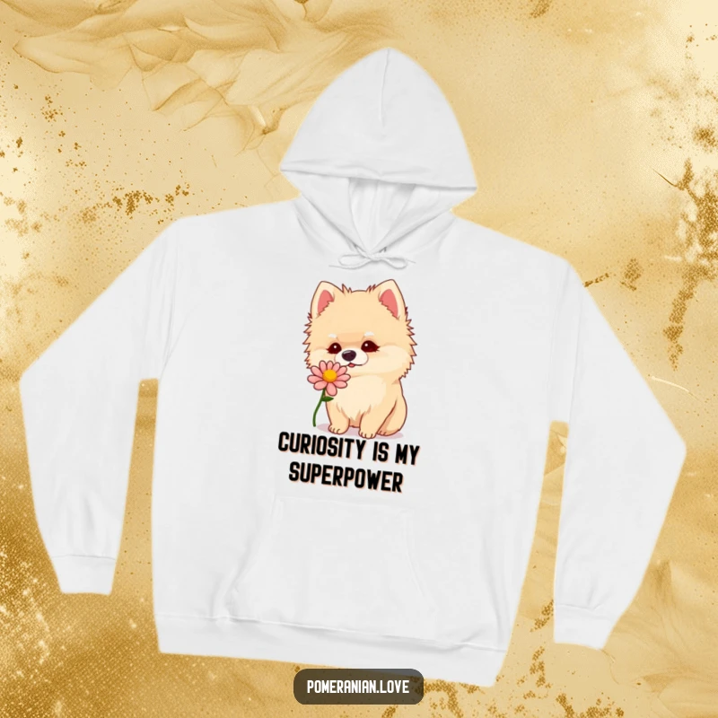 Funny Pomeranian tilting its head to sniff a flower, looking curious and cute on a warm hoodie.