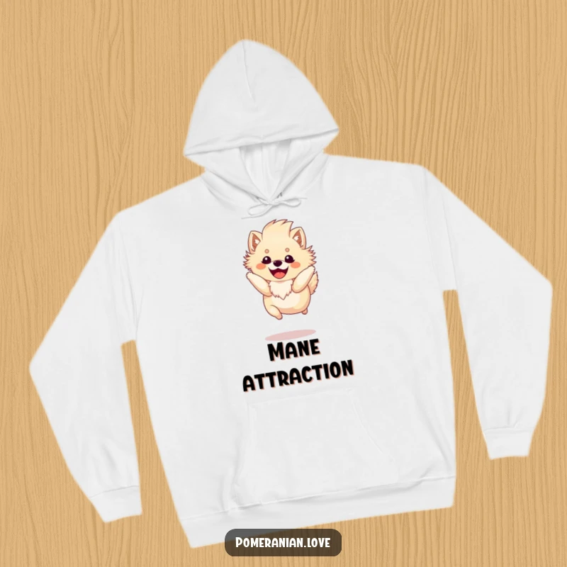 Funny Pomeranian hoodie featuring a happy dog with a fluffy mane, captured mid-spirited leap, radiating warmth and playful energy.