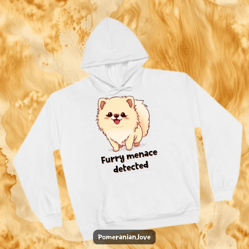 Funny Pomeranian hoodie showing a dog enthusiastically wagging its tail, perfect for dog lovers seeking warmth and humor.