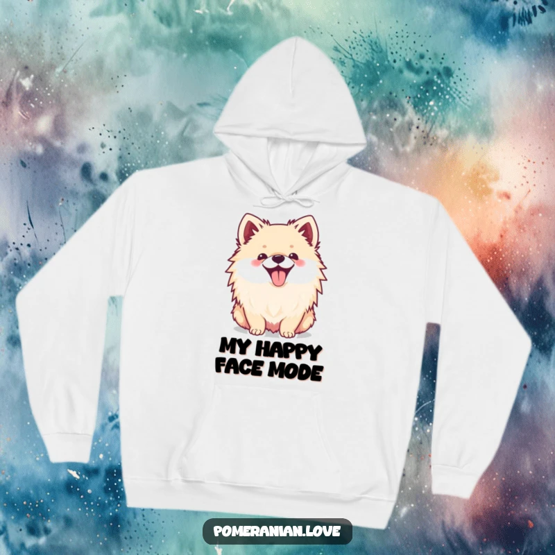 Funny hoodie featuring a happy Pomeranian dog with its tongue sticking out, offering warmth and a cheerful vibe.