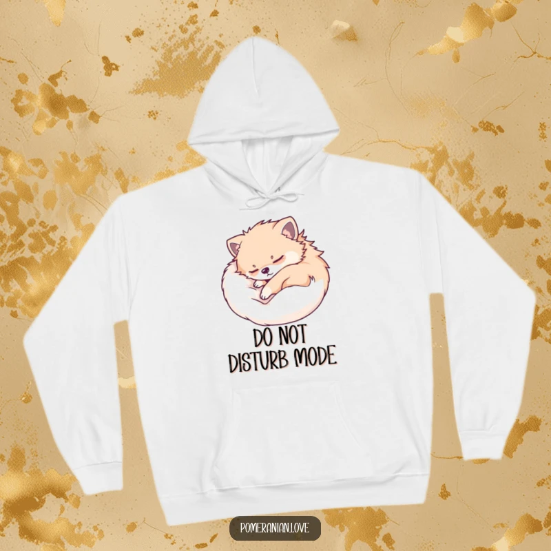Funny Pomeranian hoodie with a depiction of a dog sleeping soundly, curled up in peaceful rest. Ideal for cozy comfort.