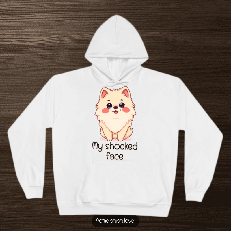 Funny Pomeranian dog with a surprised look, designed on a cozy hoodie for warm and humorous comfort.