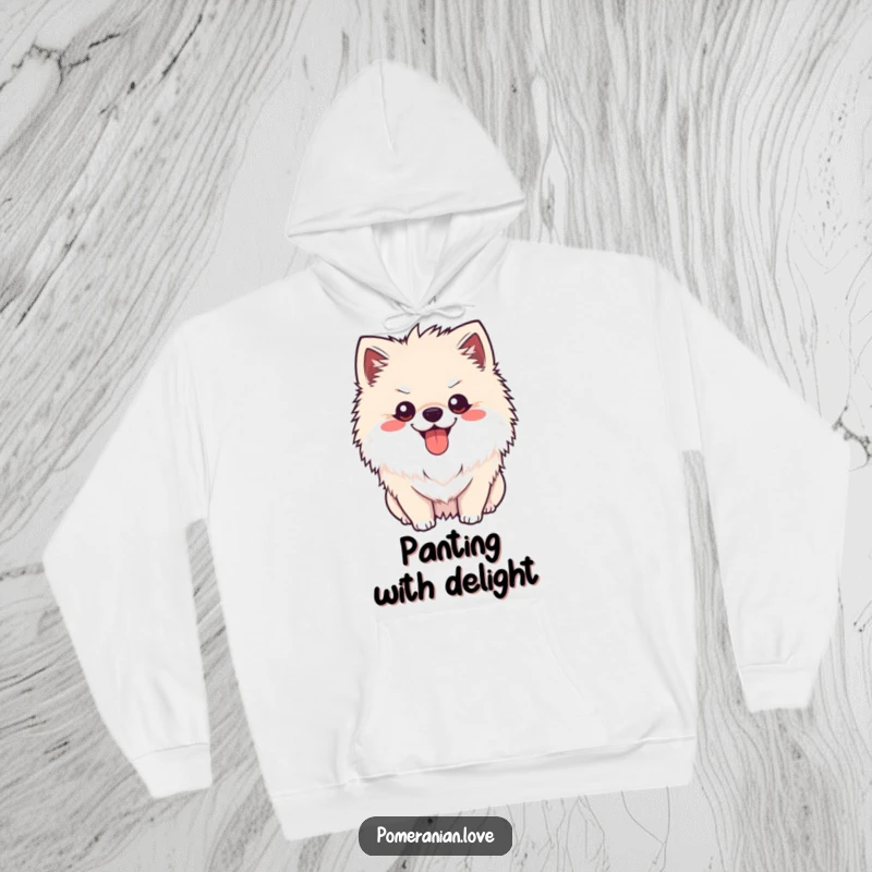 Funny Pomeranian happy pant hoodie, a cute dog panting happily with tongue slightly out, offering cozy and cheerful vibes.