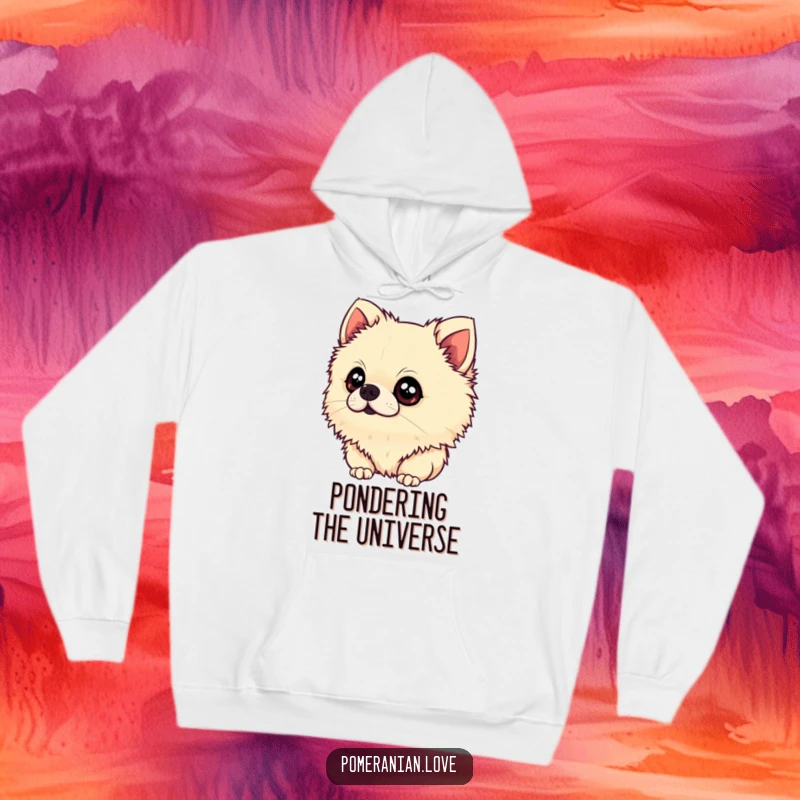Funny Pomeranian Hoodie: A cozy hoodie showcasing a fluffy Pomeranian tilting its head with wide, innocent eyes, exuding adorable curiosity.