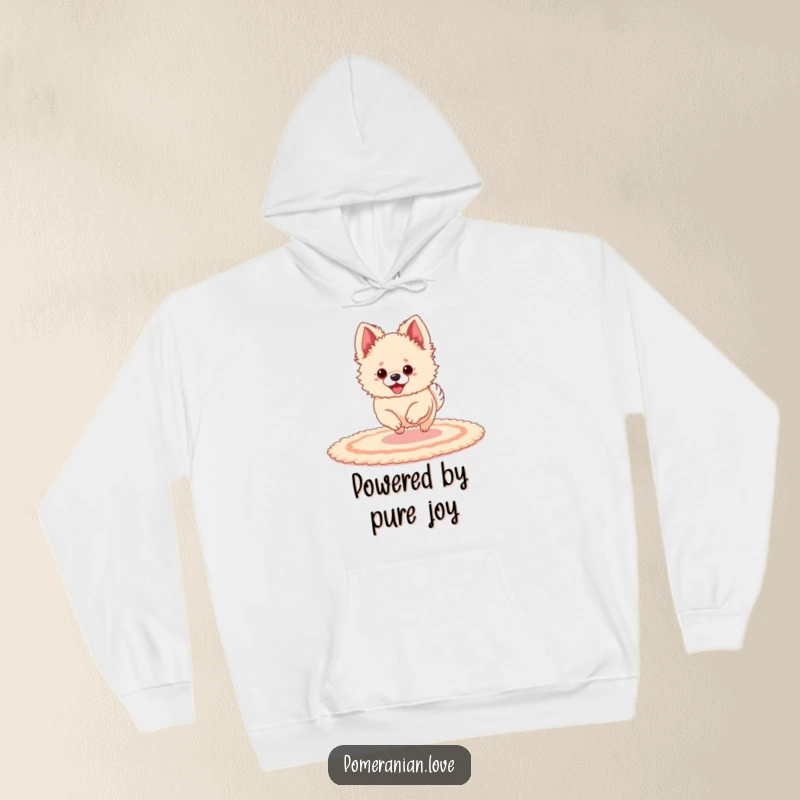 Funny Pomeranian with huge ears joyfully bouncing on a rug, featured on a warm hoodie.