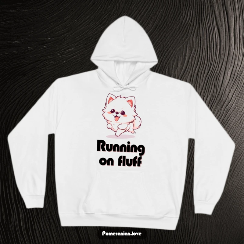 Funny Hoodie: A fluffy Pomeranian character running with its tongue out, offering cozy canine charm.