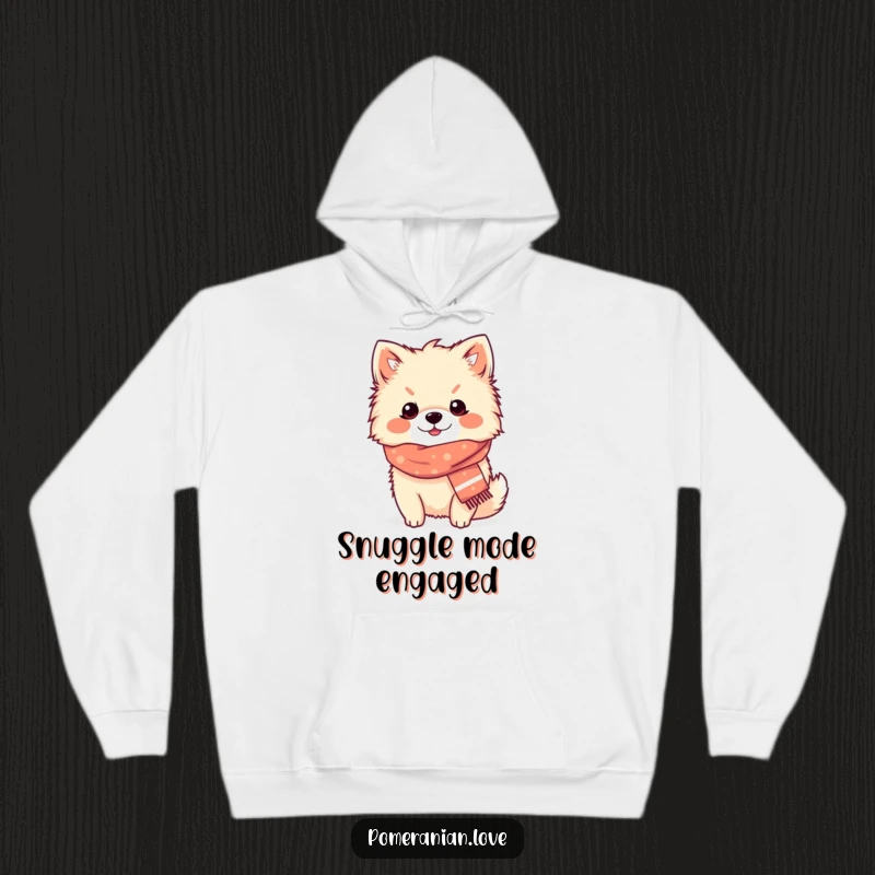 Funny Pomeranian cozy scarf hoodie, a content dog in a tiny scarf, emanating warmth, comfort, and humor.