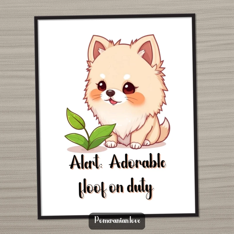 Funny Free Printable Wall Art: Amusing fluffy Pomeranian with fuzzy ears, barking with determination at a single floating leaf, cute dog art.