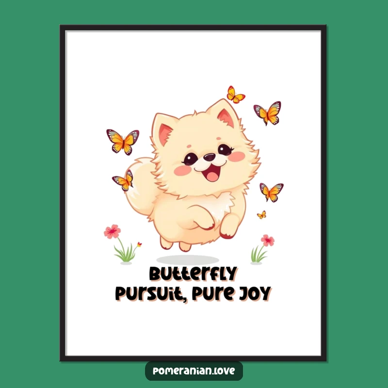 Free Printable Wall Art: Pomeranian Butterfly Chase Delight. Humorous Downloadable Decor.