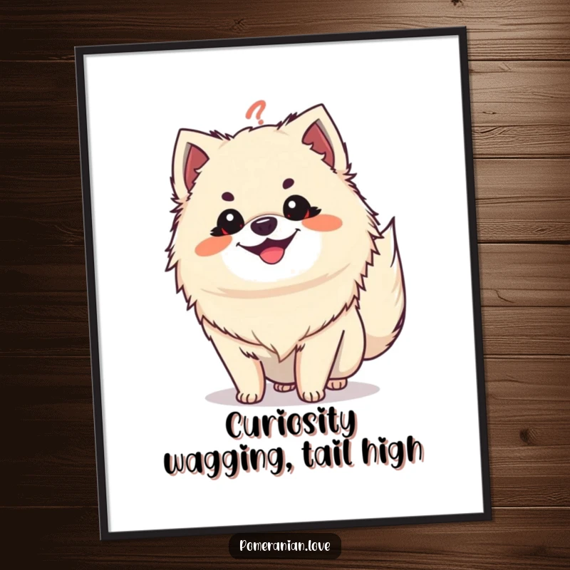 Funny Free Printable Wall Art: Grinning Pomeranian with tail held high like a question mark, quirky dog decor
