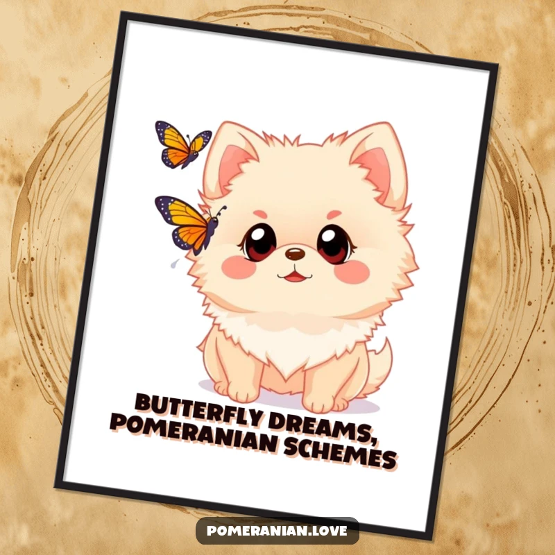 Funny Free Printable Wall Art: A Pomeranian with wide, spellbound eyes intently watches a delicate butterfly flutter nearby.