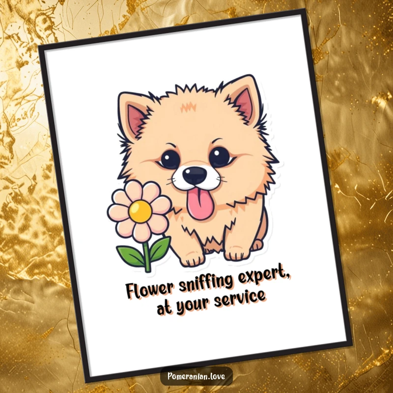 Funny Free Printable Wall Art: Curious Pomeranian sniffing a flower icon, pink tongue out, adding humor to decor.