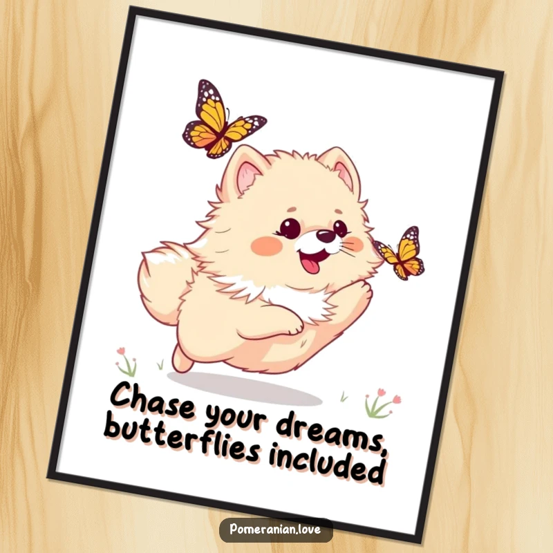 Funny Free Printable Wall Art depicting a playful Pomeranian in pursuit of a butterfly, capturing the essence of carefree fun.