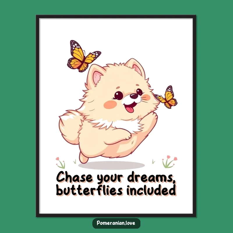 Free Printable Funny Wall Art: Pomeranian Butterfly Chase - Whimsical Downloadable Decor