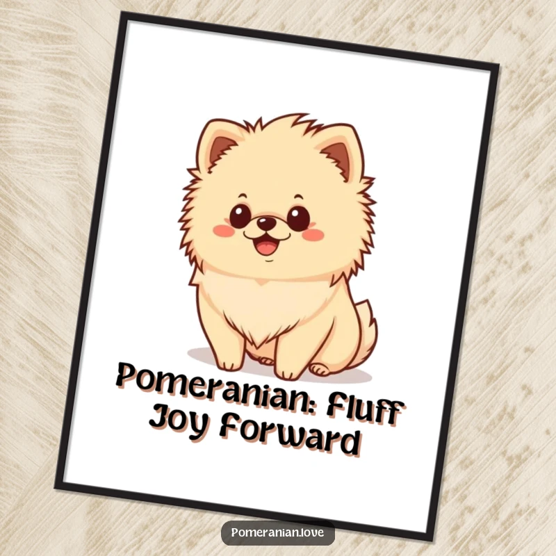 Funny Free Printable Wall Art of a happy Pomeranian dog with a fluffy mane, radiating pure joy and contentment.