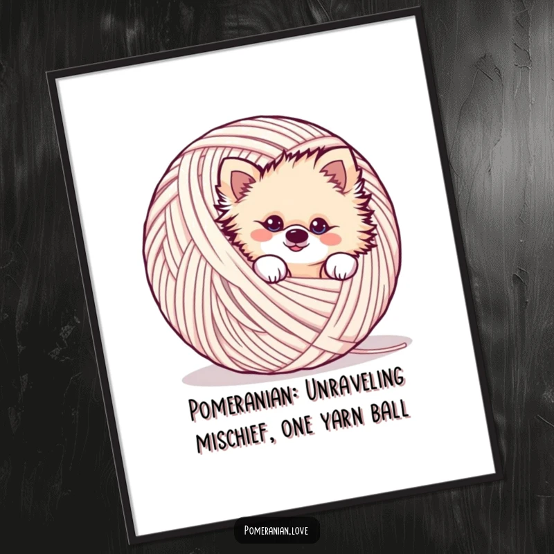 Funny Free Printable Wall Art of a mischievous Pomeranian dog peeking slyly from behind a large, colorful ball of yarn.