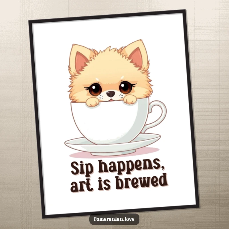 Funny Free Printable Wall Art: Pomeranian with curious eyes peeking from an oversized teacup, cute and whimsical printable decor.
