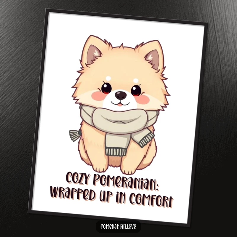 Funny Free Printable Pomeranian Wall Art: A cozy Pomeranian wearing a tiny scarf, exuding warmth and charm.