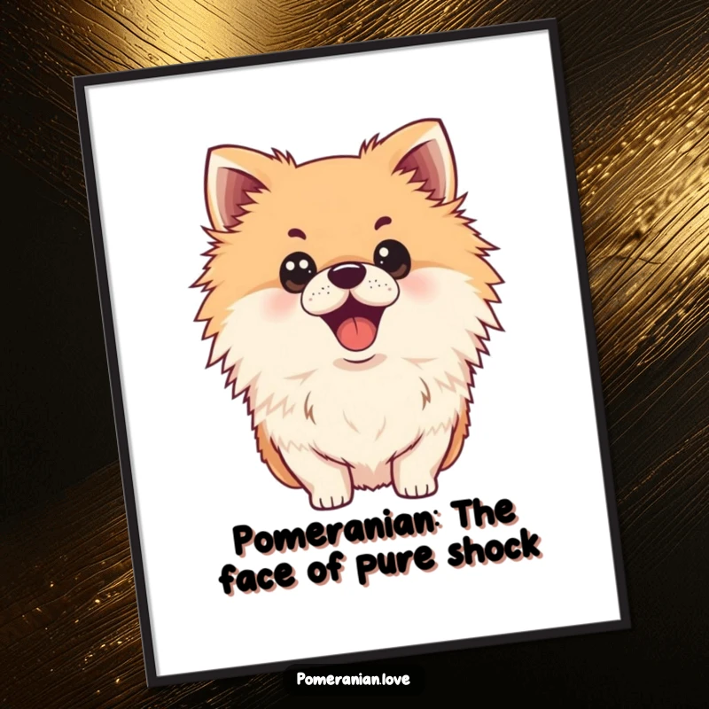 Funny Free Printable Wall Art of a surprised Pomeranian dog with wide eyes and an open mouth, a comical expression.