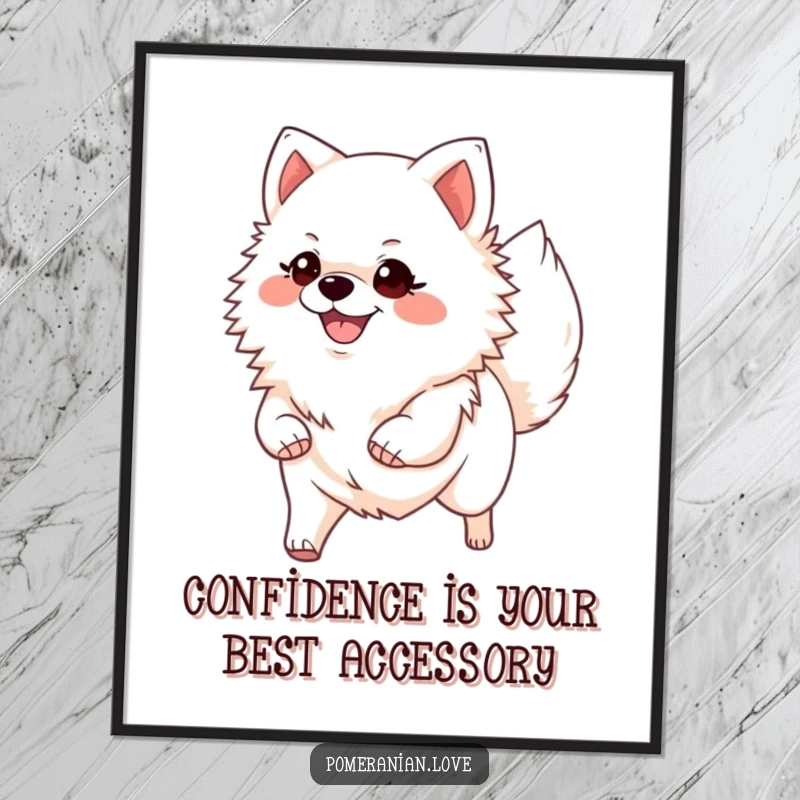 Funny Free Printable Wall Art: A smiling Pomeranian confidently trots along, tail held high, exuding pure joy.