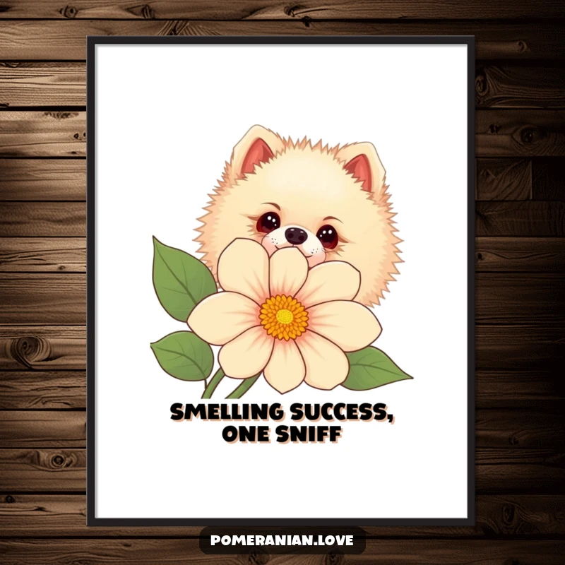 Funny Free Printable Wall Art: A Pomeranian character peeking shyly from behind a large, vibrant flower.