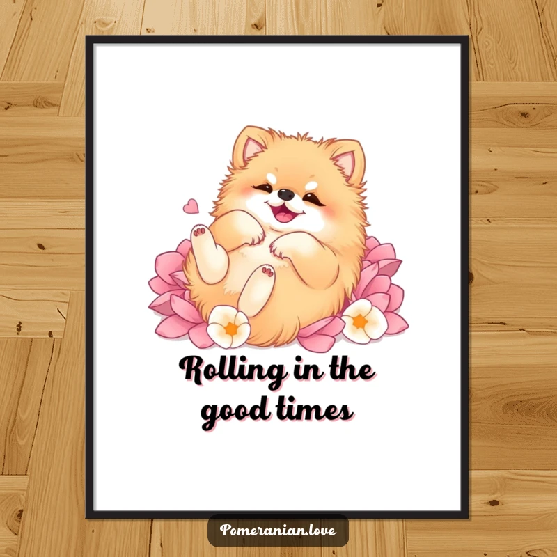Funny Free Printable Wall Art: A Pomeranian joyfully rolls on its back within a pile of soft, delicate flower petals.