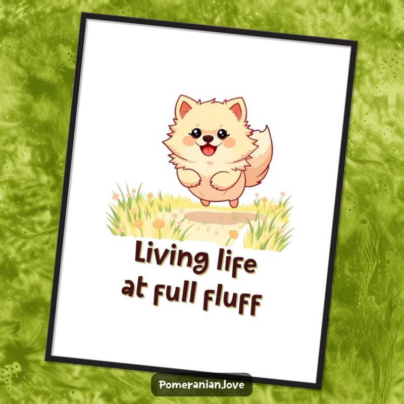Funny Free Printable Wall Art: A dynamic Pomeranian dog in mid-leap through a sunlit field, full of zest.