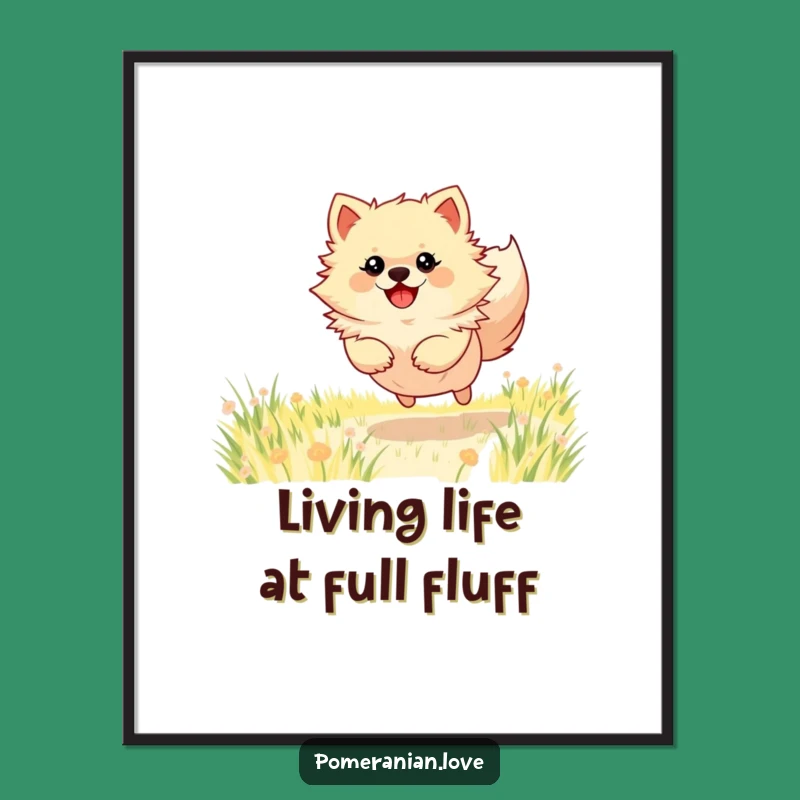 Free Printable Wall Art: Energetic Pomeranian Dog in Field. Humorous Downloadable Decor.