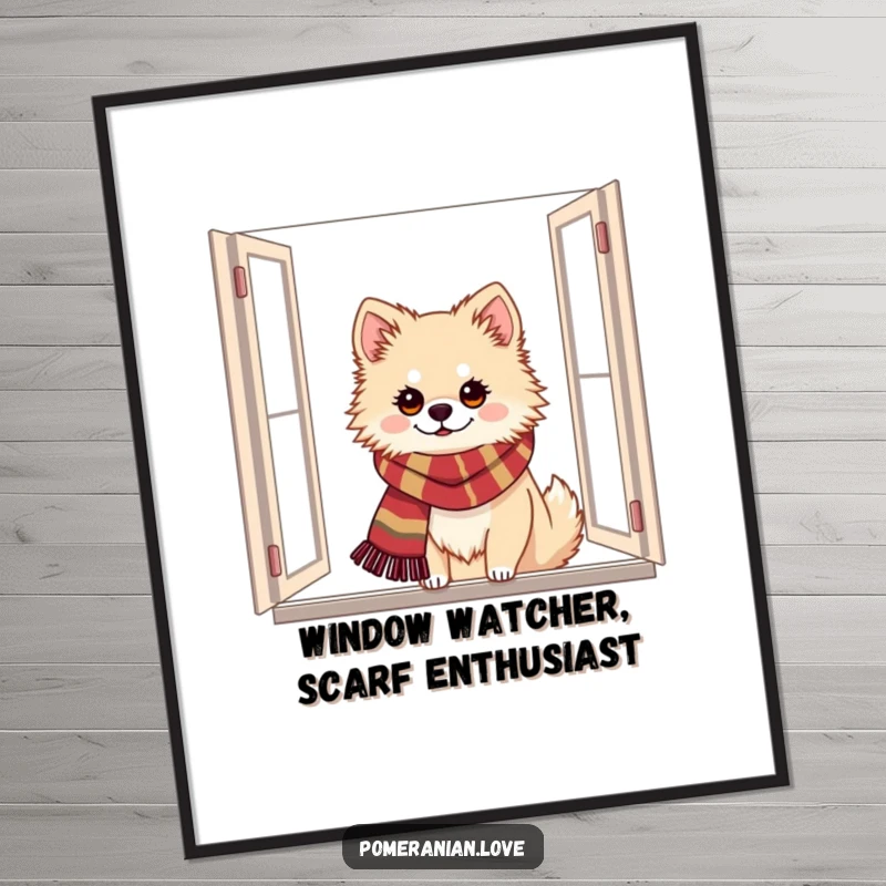Funny Free Printable Wall Art: A cute Pomeranian dog in a festive scarf peeking from a cozy window.