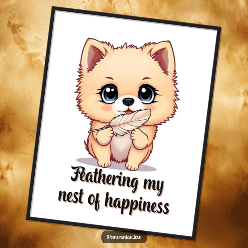 Funny Free Printable Wall Art: Pomeranian with big, bright eyes joyfully engaged with a feather, a playful scene.