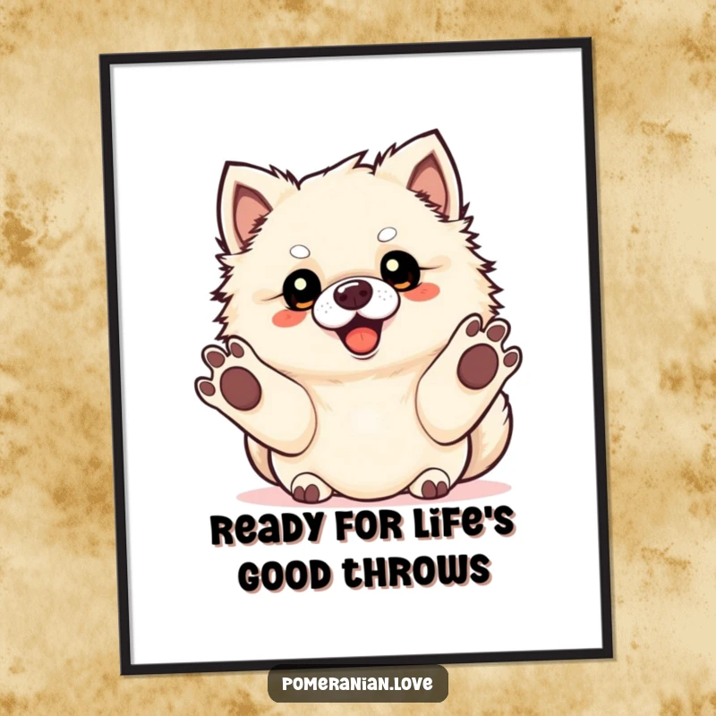 Funny Free Printable Wall Art: A Pomeranian character with paws extended, ready to play fetch, lively decor.