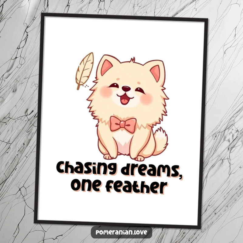 Funny Free Printable Wall Art: A Pomeranian in a small bow cheerfully barks at a tiny feather floating by.