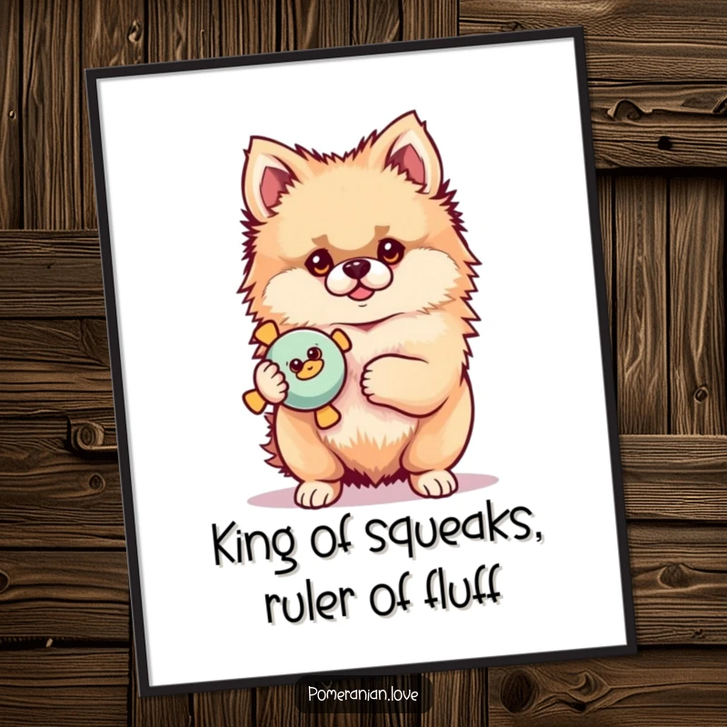 Funny Free Printable Wall Art: A proud Pomeranian dog standing confidently with a beloved squeaky toy.