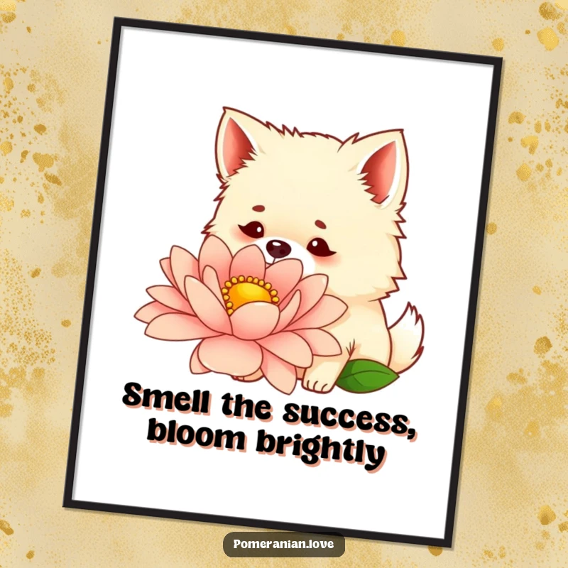 Funny free printable wall art of a curious Pomeranian with perked ears sniffing a giant, colorful flower.