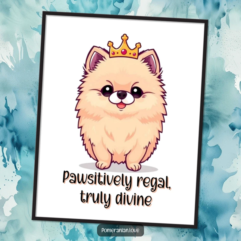 Funny free printable wall art of a fluffy Pomeranian dog with a proud stance wearing a tiny crown.