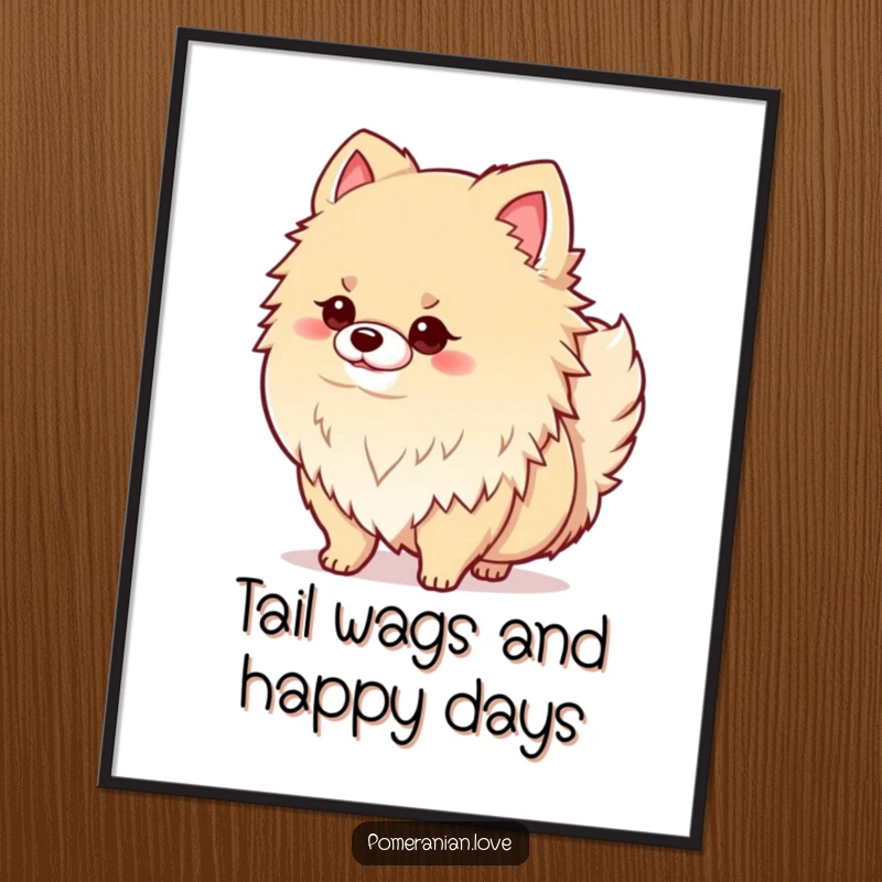 Funny Free Printable Wall Art: Cute fluffy Pomeranian dog standing proudly, its tail wagging energetically, charming pet portrait.