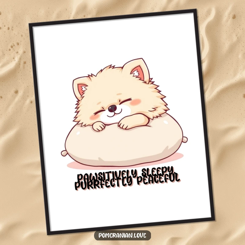 Funny Free Printable Wall Art depicting a deeply sleeping Pomeranian dog sprawled out on a cloud-like plush cushion, radiating peace.