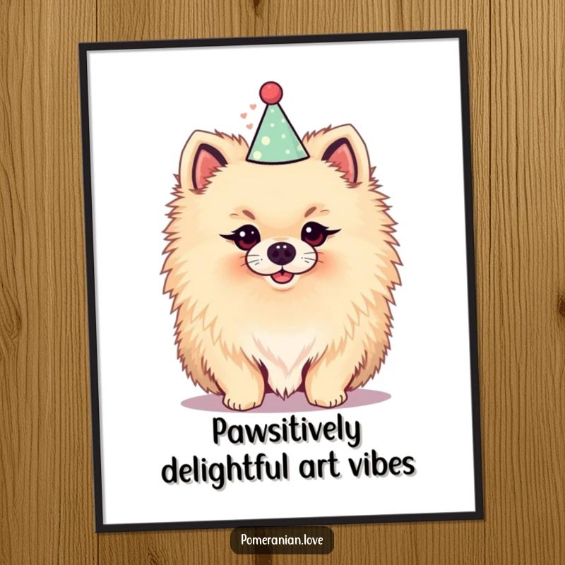 Funny Free Printable Wall Art: Fluffy Pomeranian wearing a tiny party hat, perky expression, cute printable decor.