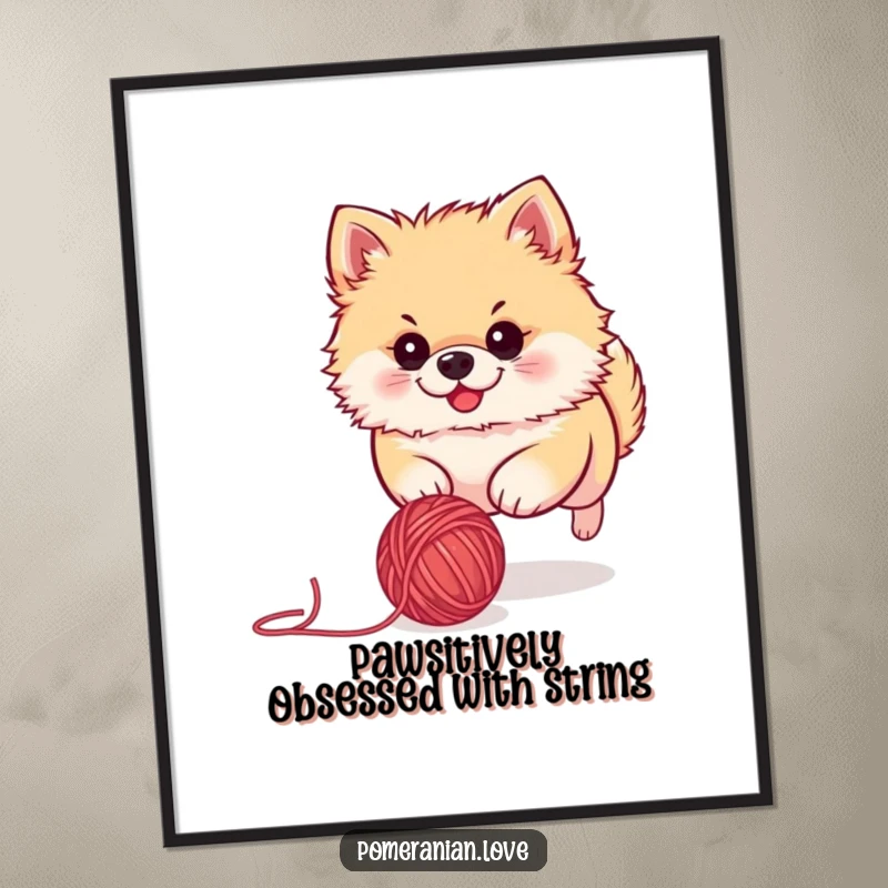 Funny Free Printable Pomeranian Wall Art: A determined Pomeranian fiercely chasing a rolling yarn ball, adding playful energy to decor.