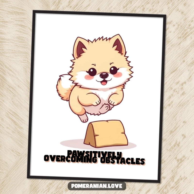 Funny Free Printable Pomeranian Wall Art: Determined pomeranian leaping over a tiny obstacle, energetic downloadable art.
