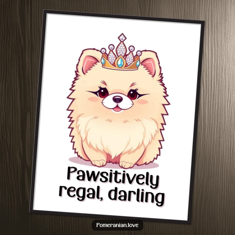 Funny Free Printable Wall Art: Fluffy Pomeranian adorned with a tiny sparkly tiara, exuding regal confidence and charm.